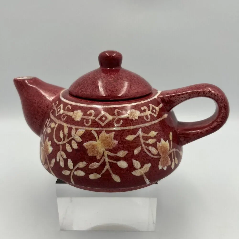 Vintage Red Glaze Etched Floral Ceramic Teapot Gold Accent Crackle Interior